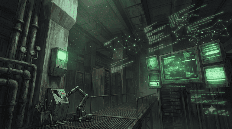 Futuristic AI and data visualization in a high-tech server room.