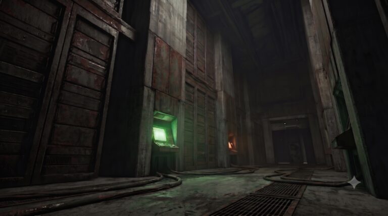 Dark industrial corridor with green-lit console and cables on the floor.