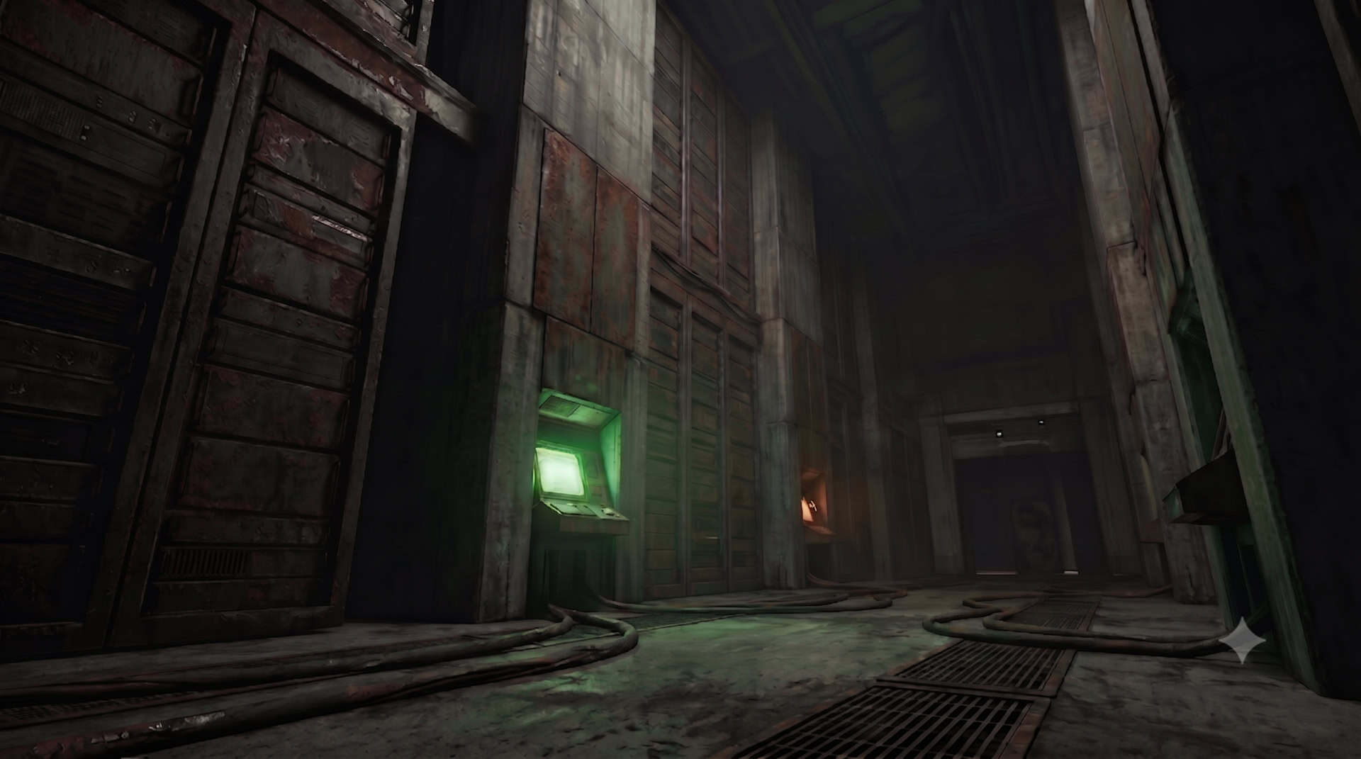 Dark industrial corridor with green-lit console and cables on the floor.
